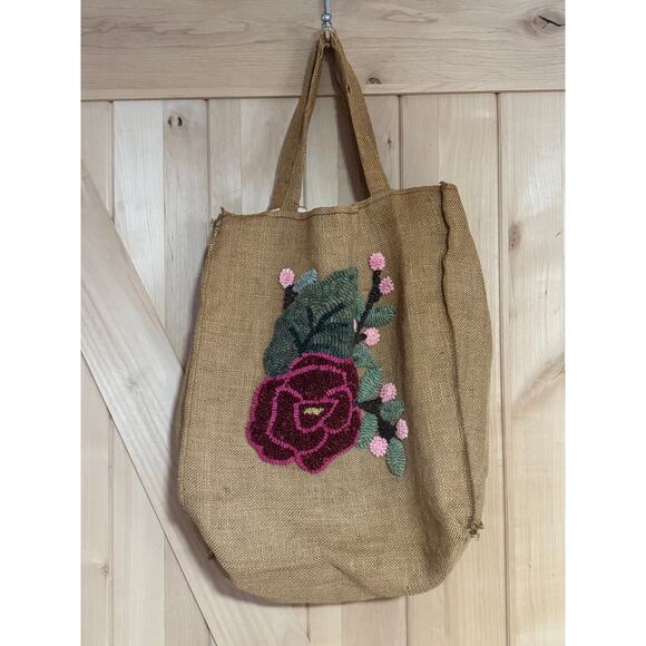Antique Mid-Century Handmade Floral Hooked Wool Work on Burlap Tote Bag - Picture 2 of 15